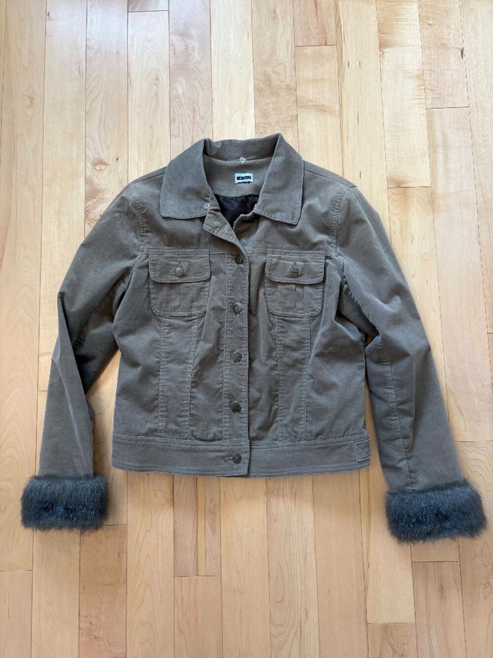 olive corduroy jacket with removable fur cuffs and collar